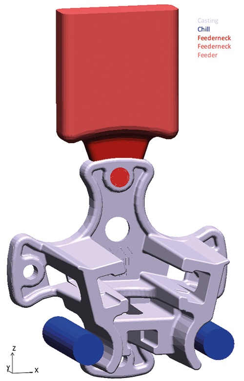 Fig. 4: Geometry used for optimization, showing the modified feeder dimensions, additional machining allowances and copper inserts in the mold 