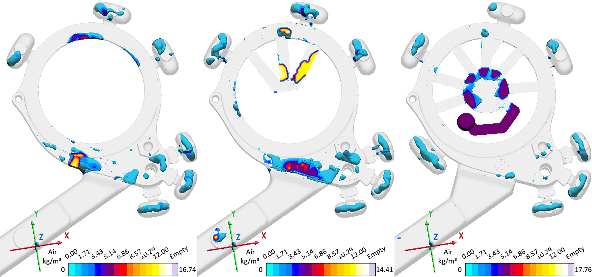 Fig. 5: Evaluating the final geometry variants: The right-hand design, featuring a radial overflow design, ensures minimal air entrapment – and, thus, maximum casting quality under reproducible process conditions. 