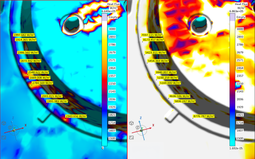 Fig. 1: The 'Heat Flux' simulation result shows areas with non-uniform heat transfer between melt and die (left). Here, the 'Heat Flux' result shows the improved heat transfer in the critical area (right). 