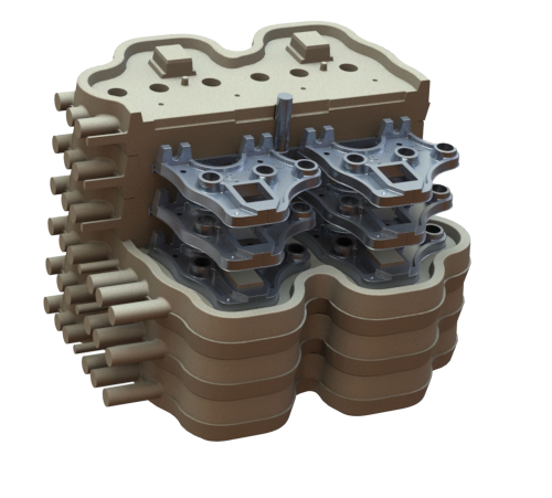 Fig. 1: Gray iron casting and positioning in a mold with several mold levels “stacked” on top of each other 