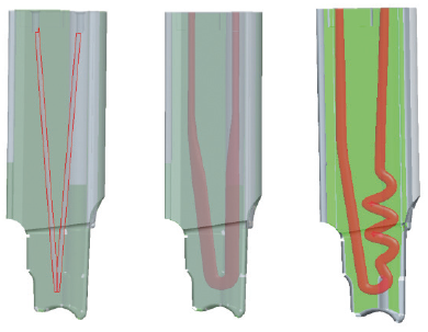 不同的冷却通道的设计:CNC传统镶块(左)，3D打印镶块（右） 