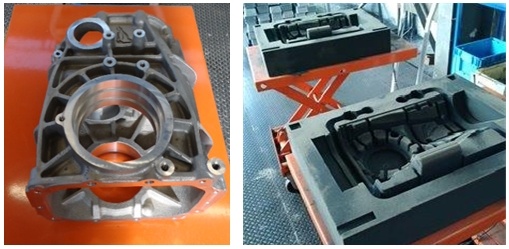 Machined gearbox housing and 3D printed molds for the first prototype 
